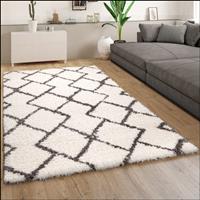 PACO HOME Hochflor Teppich Wohnzimmer Shaggy Langflor Modernes Skandi Muster Grau Creme 60x90 cm