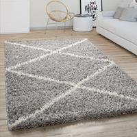 PACO HOME Hochflor Teppich Wohnzimmer Shaggy Skandinavisches Rauten Muster, Modern In Grau 60x100 cm