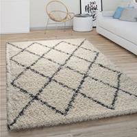 PACO HOME Hochflor Teppich Wohnzimmer Shaggy Langflor Skandi Rauten Muster Modern Creme Grau 120 cm Rund