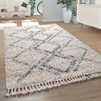 PACO HOME Teppich Wohnzimmer Shaggy Hochflor Modern Karo Rauten Muster In Creme Blau 60x100 cm