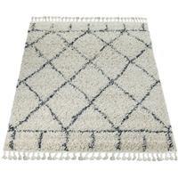 PACO HOME Wohnzimmer Teppich Shaggy Hochflor Modern Rautenmuster Karo In Creme Blau 60x100 cm