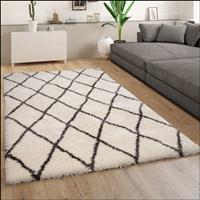 PACO HOME Teppich Wohnzimmer Creme Weiß Weich Groß Shaggy Flokati Rauten Muster Hochflor 60x90 cm