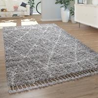 PACO HOME Hochflor Teppich Grau Wohnzimmer Orientalisches Muster Berber Stil Weich Shaggy 60x100 cm