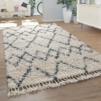 PACO HOME Shaggy Teppich Wohnzimmer Hochflor Modern Karomuster Rauten In Creme Blau 60x100 cm