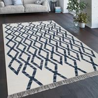PACO HOME Teppich Wohnzimmer Boho Stil Fransen Handgewebt Woll-Baumwoll Gemisch Blau 240x340 cm