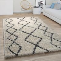 PACO HOME Hochflor Teppich Wohnzimmer Shaggy Langflor Modernes Boho Skandi Rauten Muster 120 cm Rund, Creme