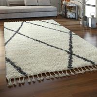 PACO HOME Hochflor Teppich Wohnzimmer Shaggy Fransen Rauten Skandi Muster Creme Grau 140x200 cm - 