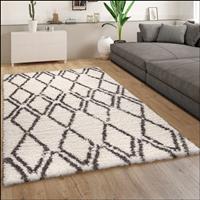 PACO HOME Hochflor Teppich Wohnzimmer Shaggy Langflor Skandi Rauten Muster Grau Creme 80x150 cm