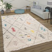 PACO HOME Hochflor Teppich Shaggy Wohnzimmer Skandi Rauten Muster Beige Blau Rot Gelb 60x100 cm - 