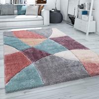 PACO HOME Hochflor Teppich Wohnzimmer Shaggy 3D Muster Modern Pastell Grau Rot Beige 60x100 cm