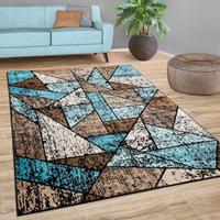 PACO HOME Teppich Wohnzimmer Geometrisches Muster Kurzflor Modern In Blau Beige Braun 80x150 cm