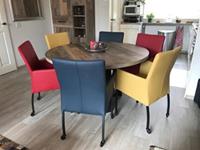 ShopX Leren eetkamerstoel comfort met wieltjes en armleuning, blauwgeelrood leer, blauwegelerode keukenstoelen