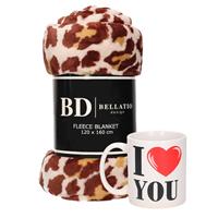 Bellatio Valentijn cadeau set - Fleece plaid/deken panter print met I love you mok - Cadeau vrouw, vriendin, geliefde