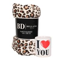 Bellatio Valentijn cadeau set - Fleece plaid/deken luipaard print met I love you mok - Cadeau vrouw, vriendin, geliefde