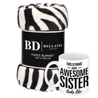 Bellatio Cadeau zus set - Fleece plaid/deken zebra print met Awesome Sister mok - Zussen ontspanning cadeau kerst, Sint, verjaardag