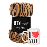 Bellatio Valentijn cadeau set - Fleece plaid/deken tijger print met I love you mok - Cadeau vrouw, vriendin, geliefde