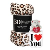 Bellatio Valentijn cadeau set - Fleece plaid/deken luipaard print met I love you mok en beertje - Cadeau vrouw, vriendin, geliefde