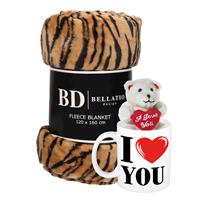 Bellatio Valentijn cadeau set - Fleece plaid/deken tijger print met I love you mok en beertje - Cadeau vrouw, vriendin, geliefde