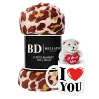 Bellatio Valentijn cadeau set - Fleece plaid/deken panter print met I love you mok en beertje - Cadeau vrouw, vriendin, geliefde