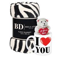 Bellatio Valentijn cadeau set - Fleece plaid/deken zebra print met I love you mok en beertje - Cadeau vrouw, vriendin, geliefde