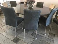 ShopX Leren eetkamerstoel comfort met wieltjes, blauwgrijswit leer, blauwegrijzewitte keukenstoelen