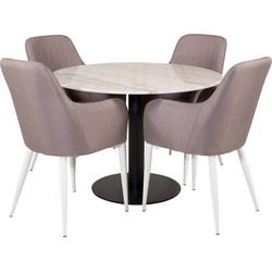 Hioshop EstelleØ106WHBL eethoek eetkamertafel wit, marmer en 4 Comfort eetkamerstal grijs, wit.