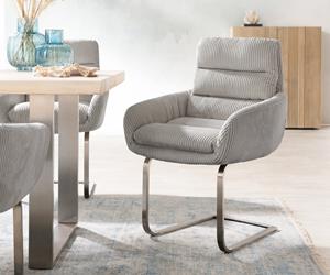 DELIFE Schwingstuhl Abelia-Flex mit Armlehnen Cord Silbergrau Freischwinger flach Edelstahl
