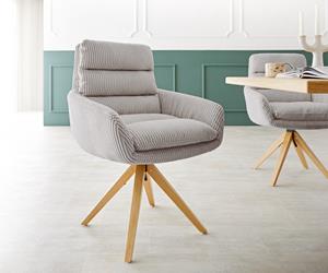 DELIFE Drehstuhl Abelia-Flex mit Armlehnen Cord Silbergrau Holzgestell kantig 180° drehbar