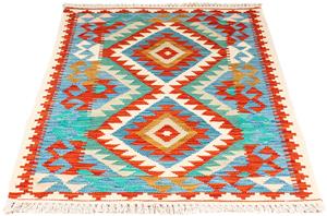 Morgenland Wollteppich Kelim - Splash - 122 x 81 cm - blau, rechteckig, 4 mm Höhe, Wohnzimmer, Einzelstück