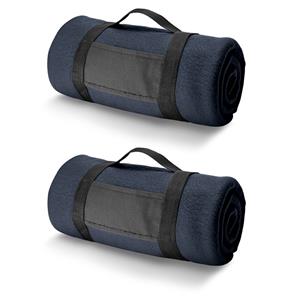 2x Fleece dekens/plaids navy met afneembaar handvat 150 x 120 cm -