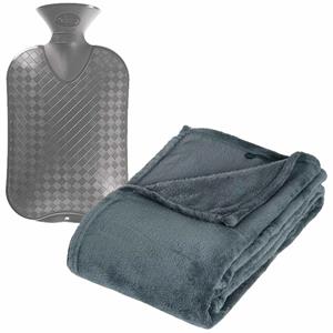 Atmosphera Fleece deken/plaid Blauwgrijs 125 x 150 cm en een warmwater kruik 2 liter -