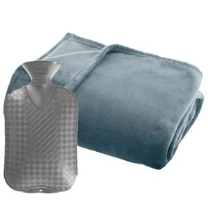 Atmosphera Fleece deken/plaid Blauwgrijs 125 x 150 cm en een warmwater kruik 2 liter -