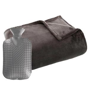 Atmosphera Fleece deken/plaid Donkergrijs 125 x 150 cm en een warmwater kruik 2 liter -