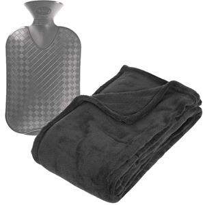 Atmosphera Fleece deken/plaid Donkergrijs 130 x 180 cm en een warmwater kruik 2 liter -