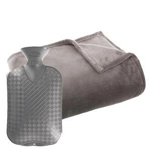 Atmosphera Fleece deken/plaid grijs 125 x 150 cm en een warmwater kruik 2 liter -