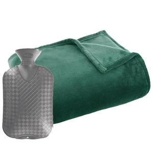Atmosphera Fleece deken/plaid groen 125 x 150 cm en een warmwater kruik 2 liter -