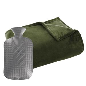 Atmosphera Fleece deken/plaid Olijf groen 125 x 150 cm en een warmwater kruik 2 liter -