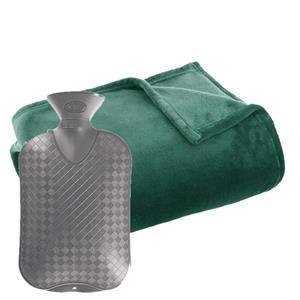 Atmosphera Fleece deken/plaid Groen 130 x 180 cm en een warmwater kruik 2 liter -