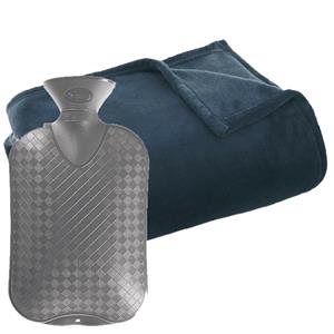 Atmosphera Fleece deken/plaid Navy Blauw 130 x 180 cm en een warmwater kruik 2 liter -