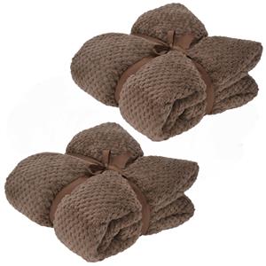 H&S Collection Fleece dekens/plaids - 2x - taupe - 130 x 170 cm -