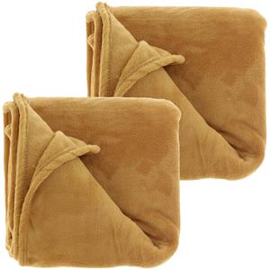 Unique Living Fleece dekens/plaids Bailey 2 stuks 130 x 180 cm - mosterd geel -