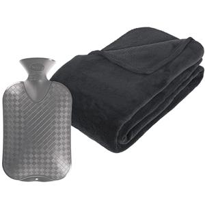 Atmosphera Fleece deken/plaid Antraciet grijs 230 x 180 cm en een warmwater kruik 2 liter -