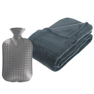 Atmosphera Fleece deken/plaid Blauwgrijs 230 x 180 cm en een warmwater kruik 2 liter -