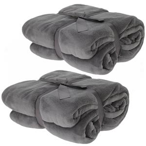 H&S Collection Fleece dekens/plaids - 2x - donkergrijs - 180 x 230 cm -