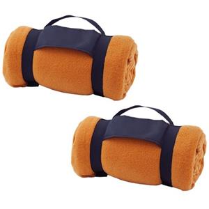 Pakket van 5x stuks fleece dekens/plaids oranje met afneembaar handvat 160 x 130 cm -