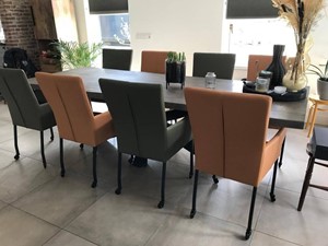ShopX Leren eetkamerstoel deal met armleuning, bruingroen leer, bruinegroene keukenstoelen
