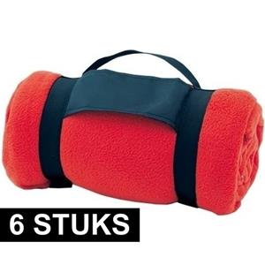 6x Fleece dekens/plaids rood afneembaar handvat 160 x 130 cm -