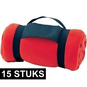 15x Fleece dekens/plaids rood afneembaar handvat 160 x 130 cm -