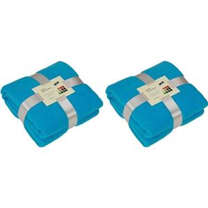 James & Nicholson 2x Fleece dekens/plaids turquoise 130 x 170 cm -