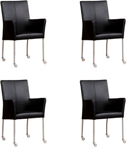 ShopX Leren eetkamerstoel comfort met wieltjes en armleuning, zwart leer, zwarte keukenstoelen